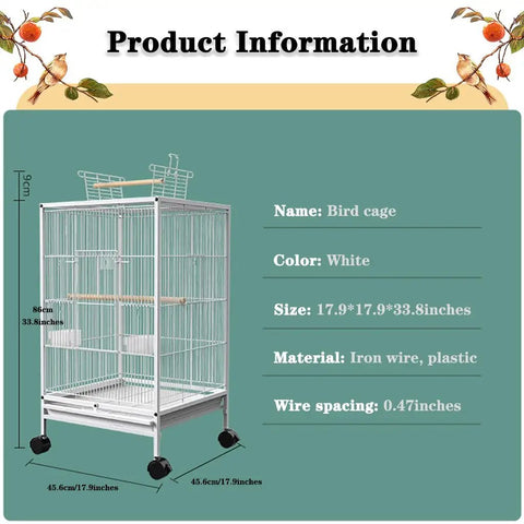 Spacious White Bold Wire Bird Cage On Smooth Rollaway Stand For Lovebirds Cockatiels Featuring Open Top Entry Nifty Partition Trays And Secure Resting Bars For Quick Cleanups And Daily Fun - Dimensions: 17.9" x 17.9" x 33.8"