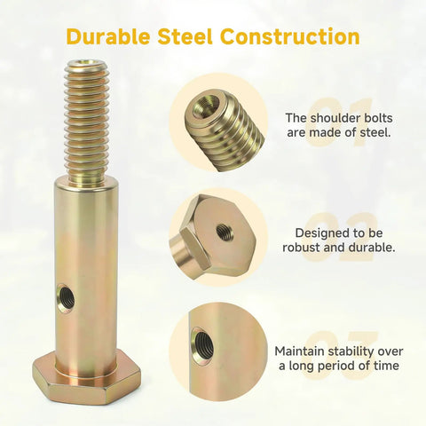 Steel shoulder bolt 7/16-14 for lawn mowers, showing durability and design close-ups, part 738-3102 compatible with Cub Cadet, MTD models.
