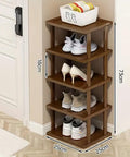 Slim 5 Tier Bamboo Shoe Rack For Small Spaces Tall Narrow Organizer next to a doorway with various shoes displayed