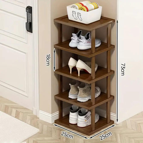 Slim 5 Tier Bamboo Shoe Rack For Small Spaces Tall Narrow Organizer next to a doorway with various shoes displayed