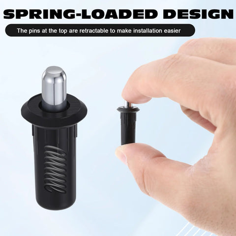 Close-up of 8 Pack Cabinet Door Repair Pins, Spring Loaded Damper Pins for Blinds and Furniture, 23.5 x 6.8mm Black Steel and PP Plastic.