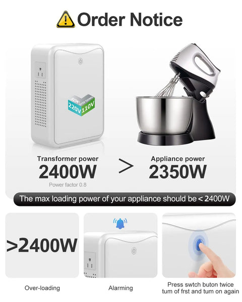 Heavy Duty 3000W Step Down Transformer 220V to 110V Converter for US Appliances with power usage notice