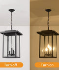 Outdoor Pendant Light Exterior Hanging Lantern In Matte Black With Clear Seeded Glass Large Porch Light on and off view