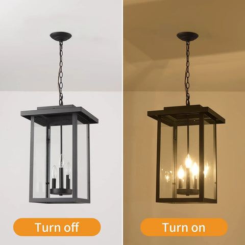 Outdoor Pendant Light Exterior Hanging Lantern In Matte Black With Clear Seeded Glass Large Porch Light on and off view