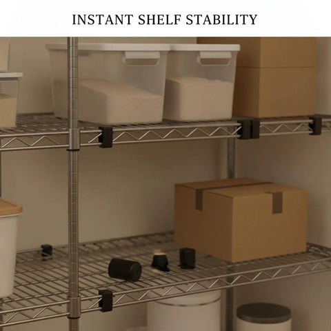 Tough as Nails Black PP Shelf Clips for Wire Shelving securing storage rack with boxes and containers, visible spacers 1 pack