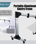 Portable Aluminum Gantry Crane with adjustable height, 38 kg, for overhead lifting in tight spaces and uneven floors.