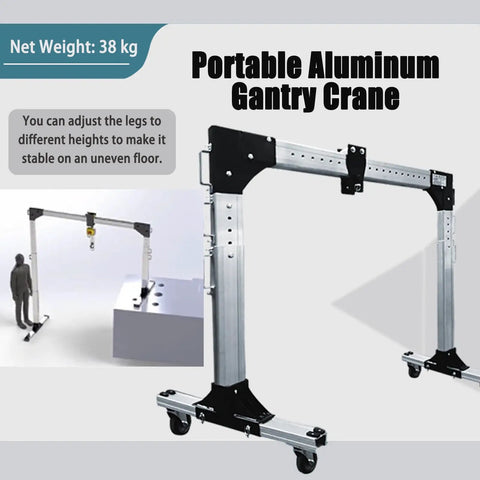 Portable Aluminum Gantry Crane with adjustable height, 38 kg, for overhead lifting in tight spaces and uneven floors.