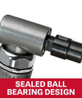 Close-up of the Compact Pneumatic Right Angle Die Grinder featuring built-in air regulator and safety throttle lock.