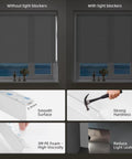 Comparison of Motorized Smart Light Filtering Blind for window with and without light blockers, showcasing smooth surface and strong hardness.