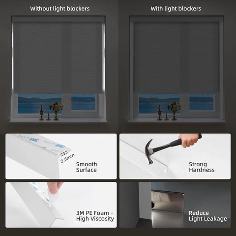 Comparison of Motorized Smart Light Filtering Blind for window with and without light blockers, showcasing smooth surface and strong hardness.