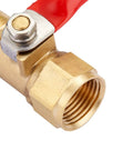 Close-up of brass mini ball valve set with red handle, showing 3/8 NPT male to female fittings, ideal for tank drains and line control.
