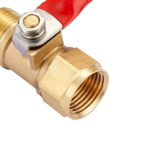 Close-up of brass mini ball valve set with red handle, showing 3/8 NPT male to female fittings, ideal for tank drains and line control.