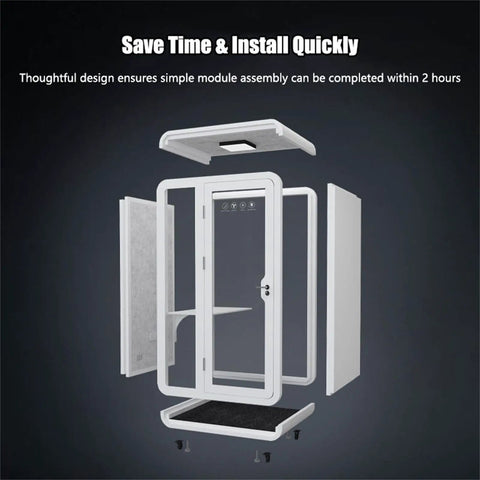 Mobile Soundproof Office Pod Booth With Smooth Rolling Wheels And Auto Swing Door assembly view showing components and door.