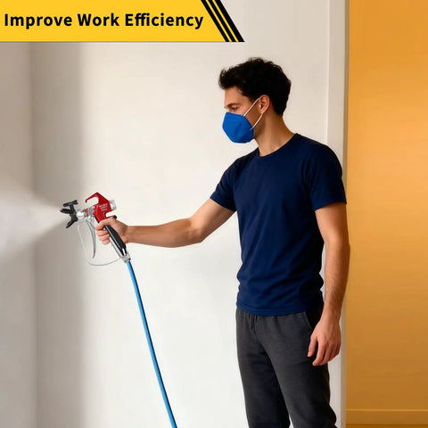 Man using Heavy Duty 3600 Psi Airless Primer Paint Spray Gun With Five Reversible Tips And Two Brass Guards for smooth coverage.
