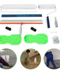 Pro Grade Epoxy Floor Roller Kit With Dual Roller Brushes Self Leveling Rake And Spike Shoes For Fast Bubble Free Concrete Finishing And Ultra Smooth Durable Self Level Surfaces displayed with tools and accessories.