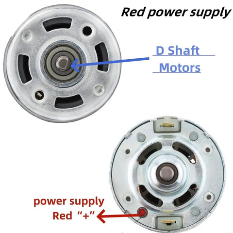 Top view of a High Torque 12V-24V DC Motor Upgrade With Dual Ball Bearings For Quiet Power, showing D Shaft and power supply points.