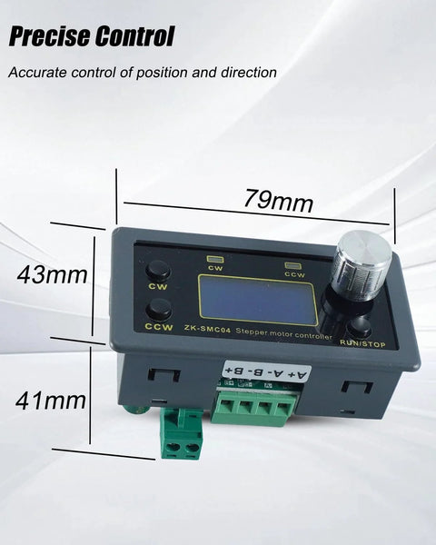 Front view of ZK-SMC04 stepper motor controller with LCD display, CW/CCW knobs, run/stop button, green terminal block
