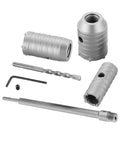 Dasbet concrete hole saw kit with 30–50mm SDS‑Plus hole saws, drill bit, and hex key