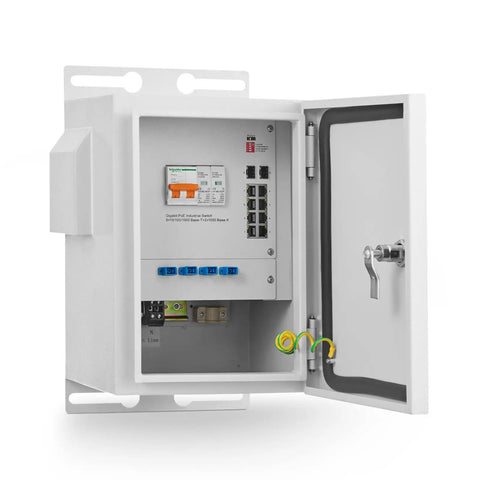 Open view of Rugged Indoor Outdoor Industrial Ethernet Enclosure with 8 Port PoE Gigabit Switch and 2 Port 1000BASE SFP.