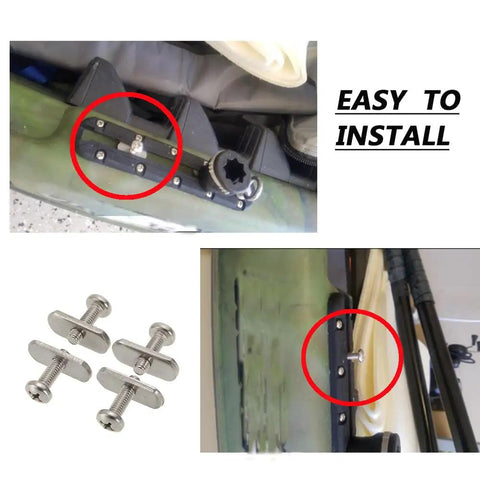 Built Tough Stainless Steel Kayak Rail Track Screws and Nuts Replacement Kit shown on kayak rail with close-up view.