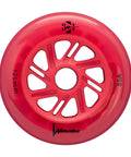 Red Inline Wheels 125mm 85A 3 Pack for Skates and Scooters Smooth Responsive Ride With Durable PU High Grip Traction Ideal Replacement Set for Inline Skates and Roller Gear single wheel close-up showing luminous design and labeled diameter and hardness.