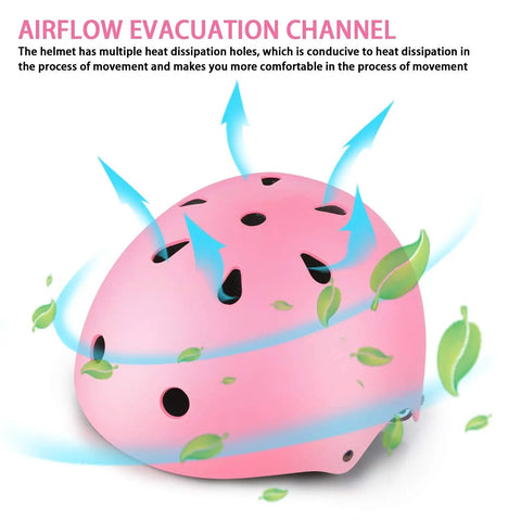 Pink helmet from Kid Friendly 7 Piece Protective Gear Set With Adjustable Helmet Knee Pads Elbow Pads And Wrist Guards For Outdoor Sports Like Cycling Skateboarding Roller Skating And Scooter Pink For Ages 3 To 10 with airflow design and green leaf graphics