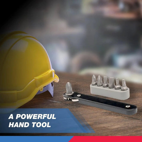 Ultra Compact Right Angle Ratchet Screwdriver Kit With 8 Bits Cr Steel Low Profile Mini Set Perfect For Tight Spaces And Precision Gear Repair Jobs, with bits and hard hat