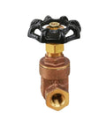 Lead Free 2-1/2 Inch FIP Gate Valve With Cast Brass Body, non rising stem and cast iron wheel handle, threaded ends visible