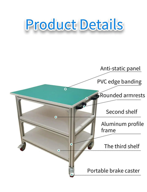 Heavy Duty Adjustable ESD Workbench With Wheels Hella Durable Anti Static Rolling Table For Electronics Repair with three shelves.