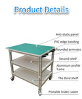 Mobile ESD Workbench With Smooth Move Casters, Adjustable Height Anti Static Rubber Mat Table For Electronics Repair And No Fuss Lab Setup, Heavy Duty Aluminum Station Built Different with anti-static panel and three shelves.