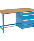Heavy Duty Modular Workbench With Three Locking Steel Drawers And Full Extension Side Tracks In Bold Blue, spacious work surface.