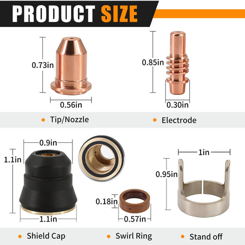 Product size diagram of IPT65 Plasma Cutter Consumables Kit With Pro Grade Electrodes Nozzles Swirl Ring Shield Cap And Standoff Guide
