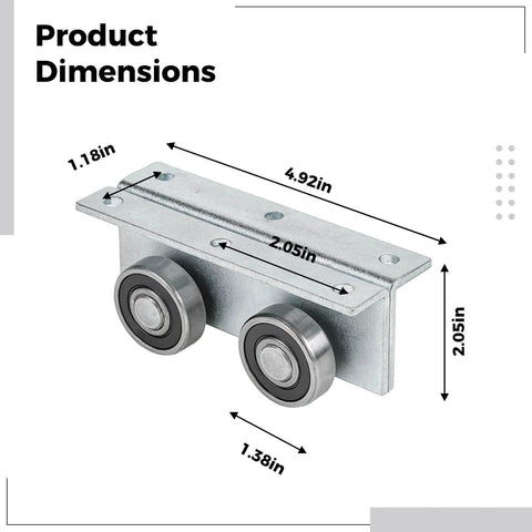 Heavy Duty Trolley Roller Assembly Set Four Pack With C50 Galvanized Steel Bearings For Industrial Sliding Doors, 4.9 Inch Overall Length And 1.4 Inch Wheel Diameter, Rust Resistant Sliding Door Hardware, dimensions view