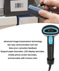 Built Tough USB Barcode Scanner For 1D 2D QR Codes, Quick Scan, ABS Construction, handheld device shown with packaging