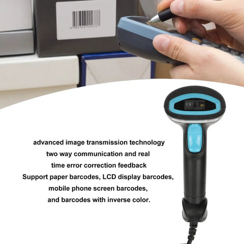 Built Tough USB Barcode Scanner For 1D 2D QR Codes, Quick Scan, ABS Construction, handheld device shown with packaging