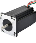 Front view of Nema 24 stepper motor with 8-wire cable, silver mounting plate, and protruding shaft.