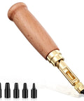 Adjustable Leather Hole Punch boasts a comfy wooden handle and six swappable brass inserts spanning 1.5mm to 4mm, ideal for DIY.