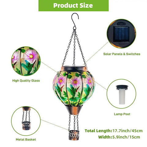 Hummingbird Hot Air Balloon Solar Lantern Outdoor Hanging Light With Flickering Flame Metal And Glass Waterproof Lanterns For Patio
