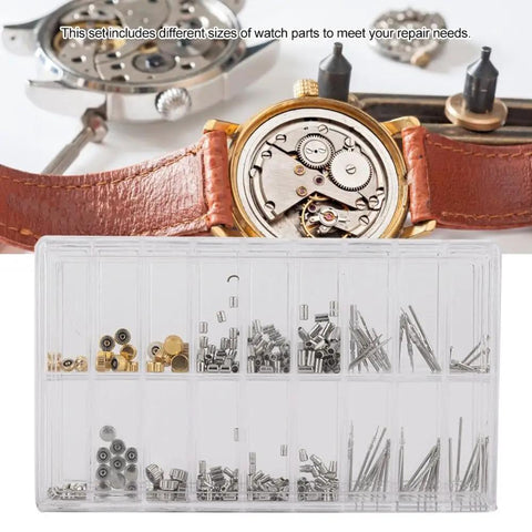 Organized Portable Storage with Metal Watch Crown Tube Stem Set 10 Pcs for ETA 2824 2836 Movements on display