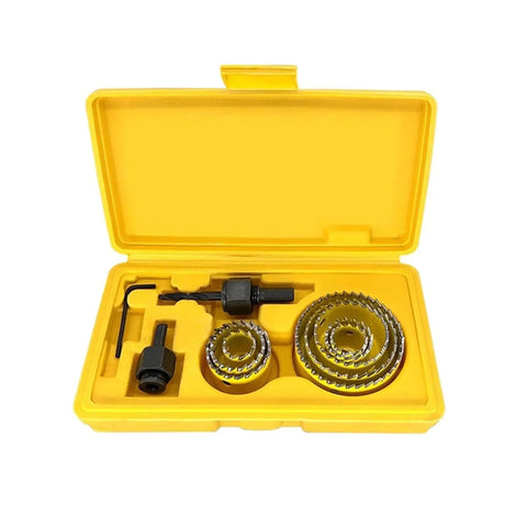 Awesome 11 Piece Hole Saw Kit For Drilling 19 To 64mm Rounds In Wood, Metal And Alloy With Heavy Duty Case Perfect for Serious DIY Projects and Professional Job Sites. Yellow case with hole saws and arbor set