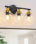 Three Light Bathroom Vanity Light With Clear Globe Shade, Black And Brass Modern Wall Sconces Over Mirror, 22 Inch Vintage Vibe Fixture