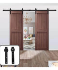 Black J Shaped Hangers Sliding Barn Door Hardware Kit For 5Ft 1500mm Double Doors with heavy duty steel rails installed in living room