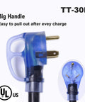 Close-up of TT-30P plug with handle from Heavy Duty 50 Foot RV Extension Cord TT30P To TT30R 30Amp With LED Indicator.