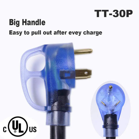 Close-up of TT-30P plug with handle from Heavy Duty 50 Foot RV Extension Cord TT30P To TT30R 30Amp With LED Indicator.