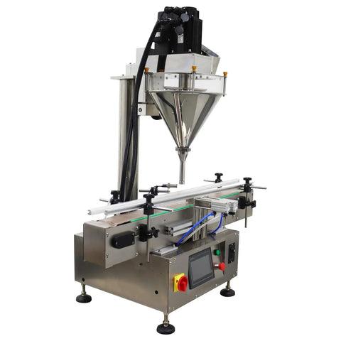 Slick Automatic Desktop Filler For Powders And Granules Featuring Chain Conveyor And Digital Scale 110V with a stainless steel design.