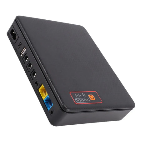 Keep Your Home Net Running Smooth With This Compact Mini UPS For Routers And Modems Housing A Solid 20800 Mah Cell That Hands You Up To 10 Hours Of Unbroken Wifi Right Through Blackouts EU Plug, showing the black UPS with DC outputs.