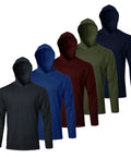 UPF Fifty Plus Long Sleeve Sun Protection Shirt With Hooded Rash Guard Five Pack in assorted colors for outdoor athletes