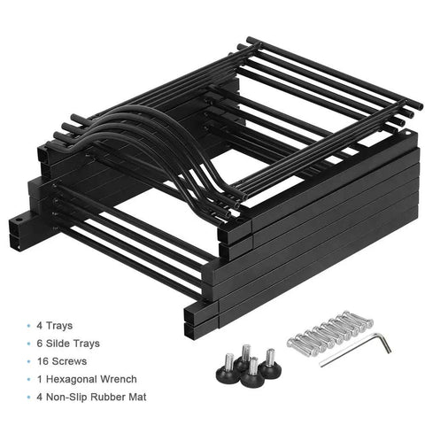 Heavy Duty 4 Tier Water Jug Rack for 5 Gallon Jugs Detachable black metal parts shown with screws and wrench
