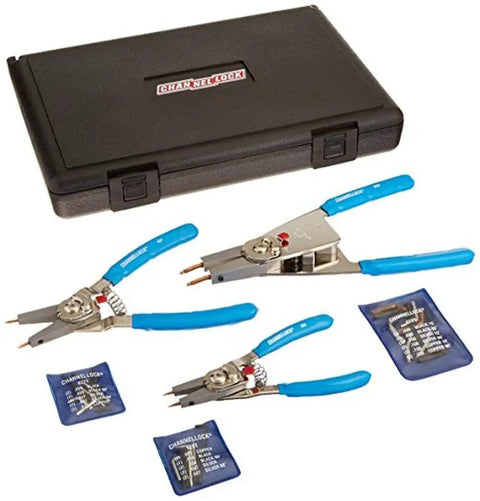 Retaining Ring Plier Set 15 90 Degree Convertible 3 Piece Kit For Bore Diameters 1/4 To 4 Inches with case and tips