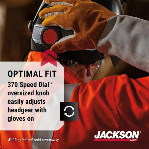 Person adjusting 370 Speed Dial Replacement Headgear For Welding Helmets With Oversized Adjuster Knob. Made In USA.